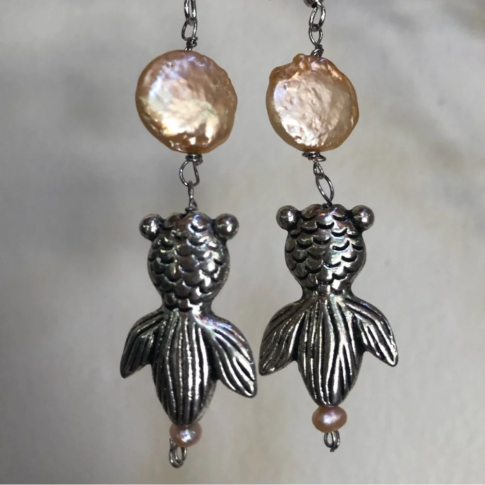 HAND CRAFTED Koi Goldfish Charm Pink Coin / Baroque Pearl Drop Silver Earrings